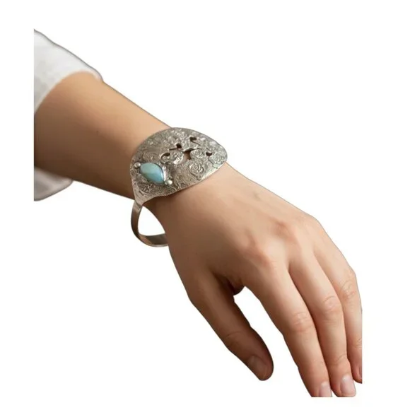 Vintage Silverware Cuff Bracelet with Larimar Stone | Wildwood Pattern 1958 - Picture 10 of 15